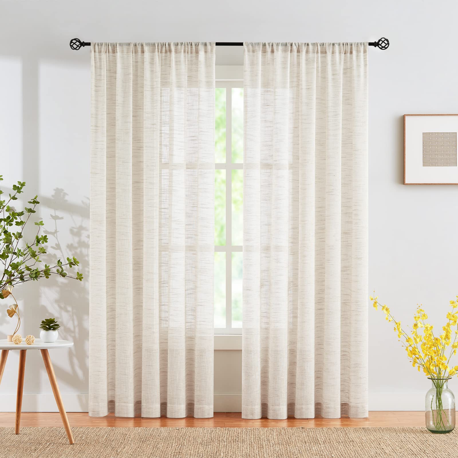 Linen Sheer Curtains For Bedroom 63Inch Length Natural Semi Sheer Curtains For Living Room Kitchen Light Filtering Country Rusti