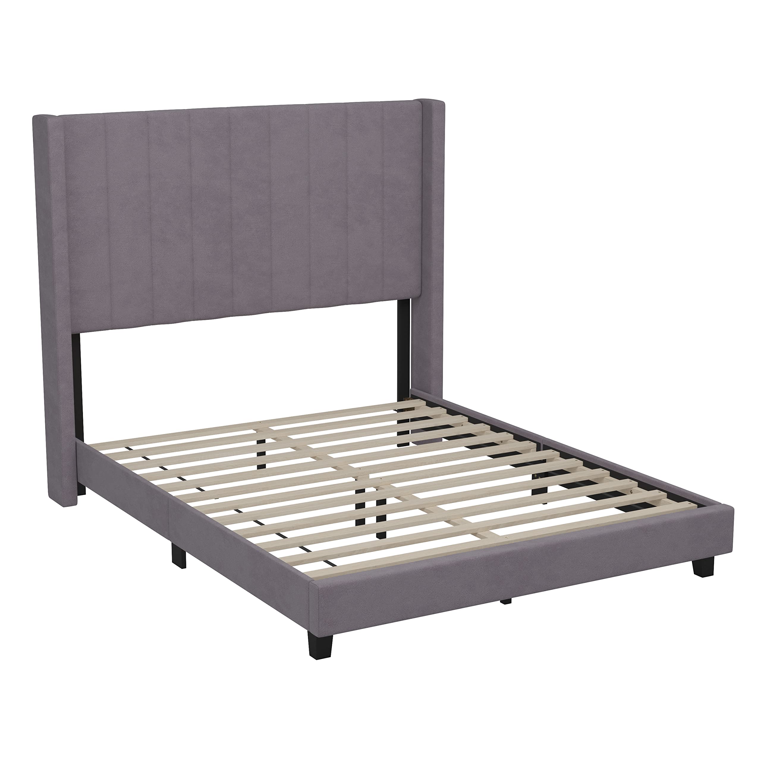 Flash Furniture Bianca Upholstered Platform Bed - Gray Velvet Upholstery - Full - Wingback Headboard - Slatted Mattress Foundation - No Box Spring Needed