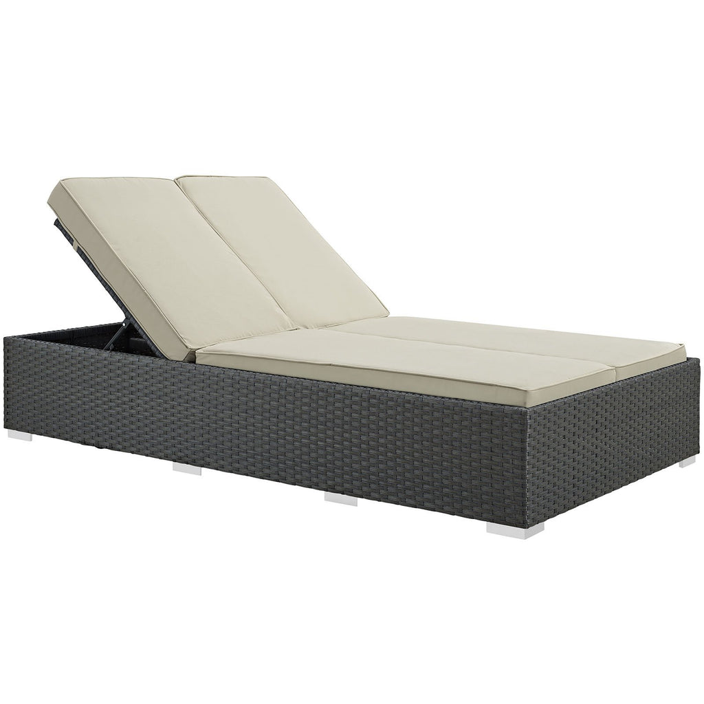 Modway Sojourn Wicker Rattan Outdoor Patio Sunbrella Fabric Double Chaise in Chocolate Navy