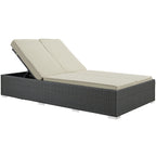Modway Sojourn Wicker Rattan Outdoor Patio Sunbrella Fabric Double Chaise in Chocolate Navy