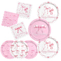 Pink Bow Happy Birthday Decorations Set for 16: Bachelorette Party Supplies Kit with Dinner & Dessert Plates and Napkins - for W