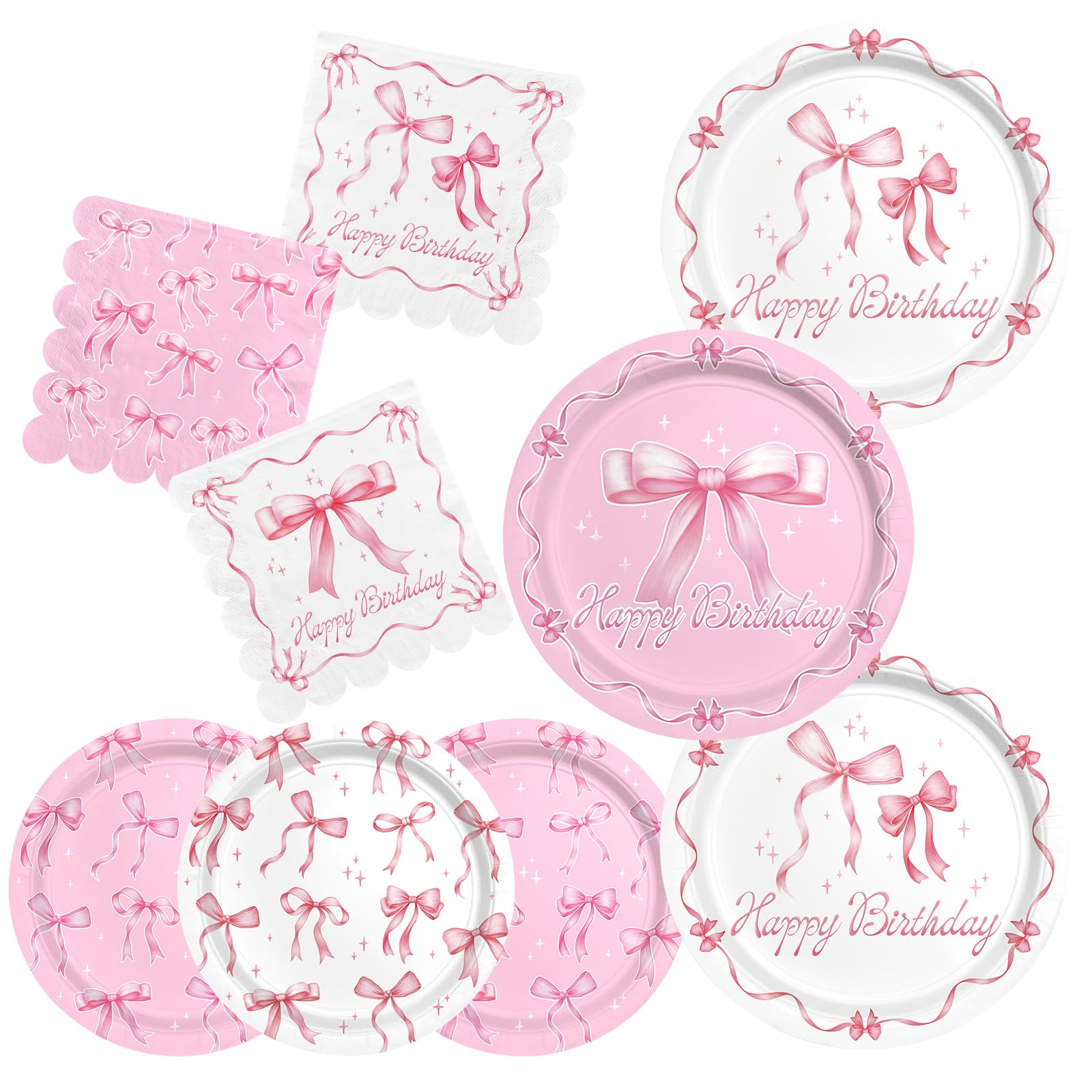 Pink Bow Happy Birthday Decorations Set for 16: Bachelorette Party Supplies Kit with Dinner & Dessert Plates and Napkins - for W