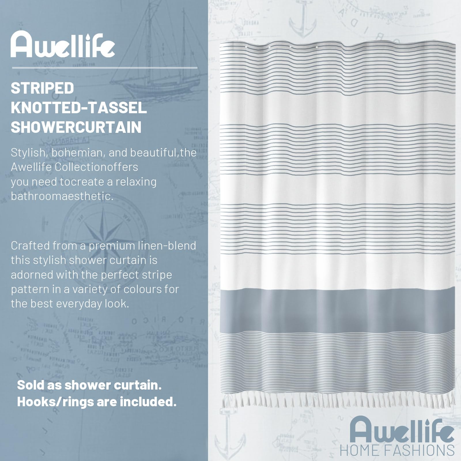 Awellife Blue Shower Curtain Beach Ocean Coastal Nautical Shower Curtain For Bathroom Stripe Tassel Shower Curtain 72 X 72 Inches Cotton Linen