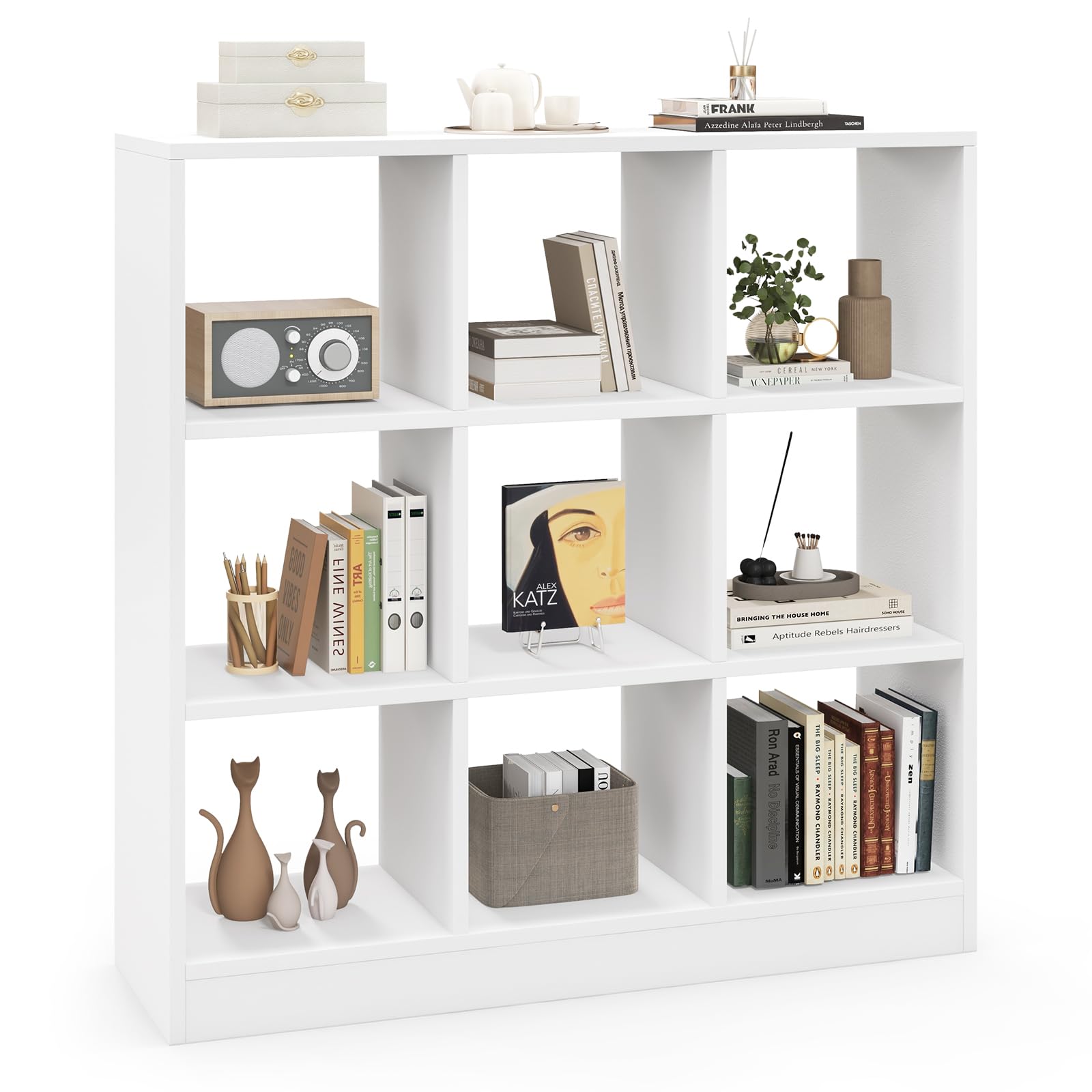Ifanny Cube Bookcase, White Book Shelf With 9 Cubes, 3-Tier Small Display Shelf, Low Bookshelf Under Window, Cubical Storage Shelves For Bedroom, Living Room, Home Office (9 Cube)