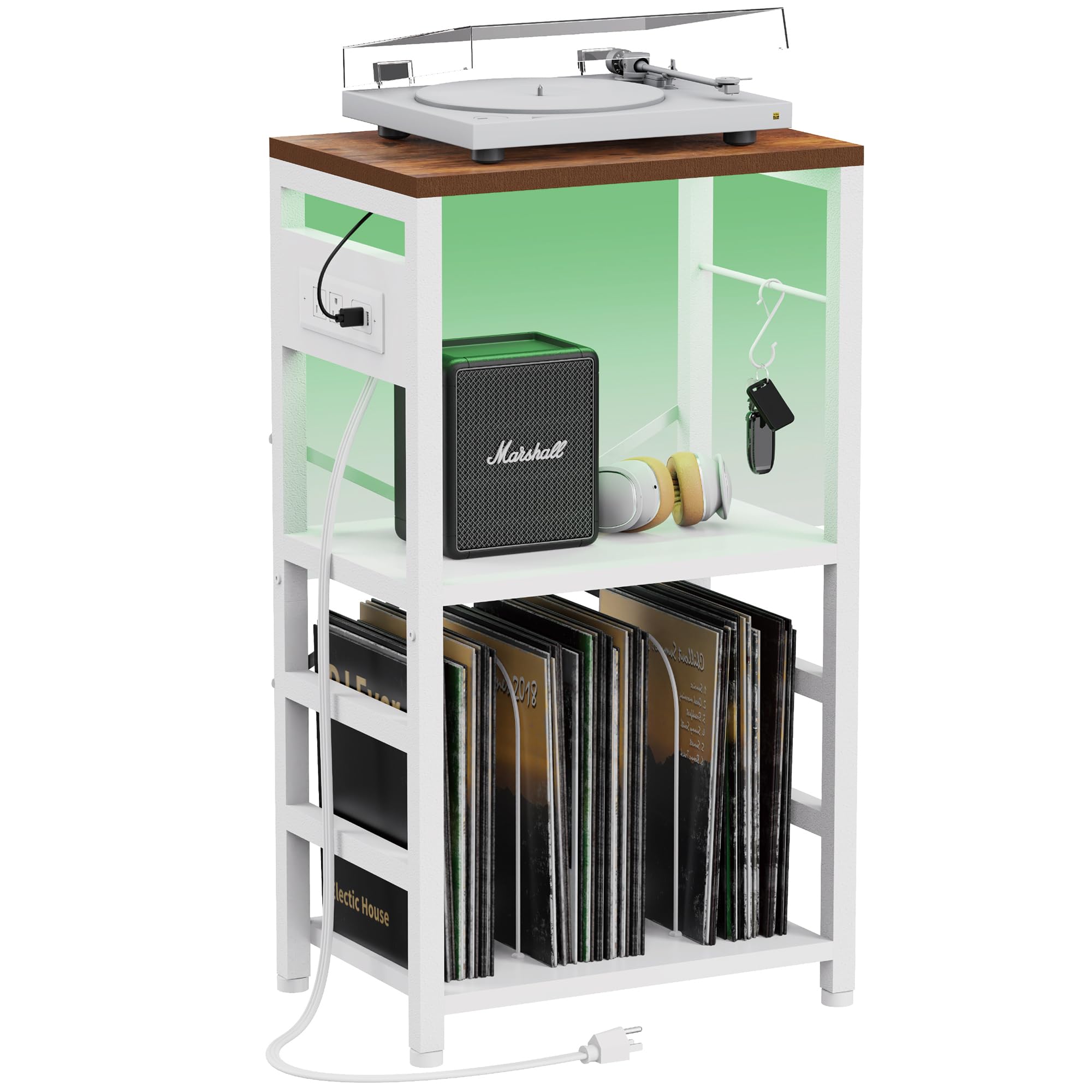 YAKANJ End Table with LED Light,Record Player Stand with Charging Station,Vinyl Records Storage,Turntable Stand Albums Storage f