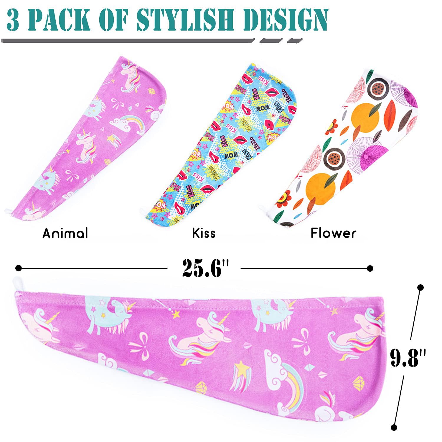 Ellewin Microfiber Hair Drying Towels For Kids, 3 Pack Wet Hair Towel Wrap Turban For Girls Children Women, Quick Dry Twisty Hai