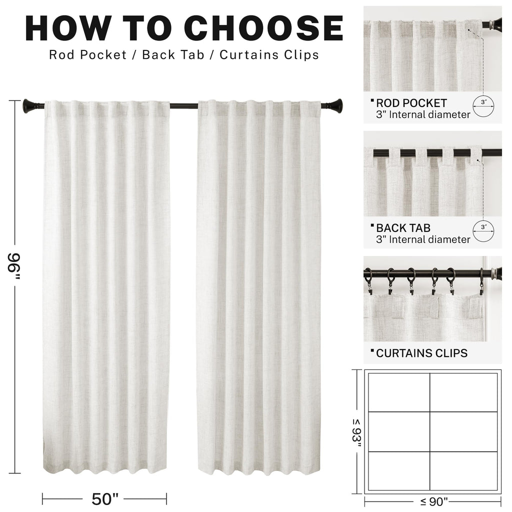 Meetbily Ivory Linen Curtains 96 Inches Long For Living Room 2 Panel Set Back Tab Modern Farmhouse Boho Linen Drapes Off White S