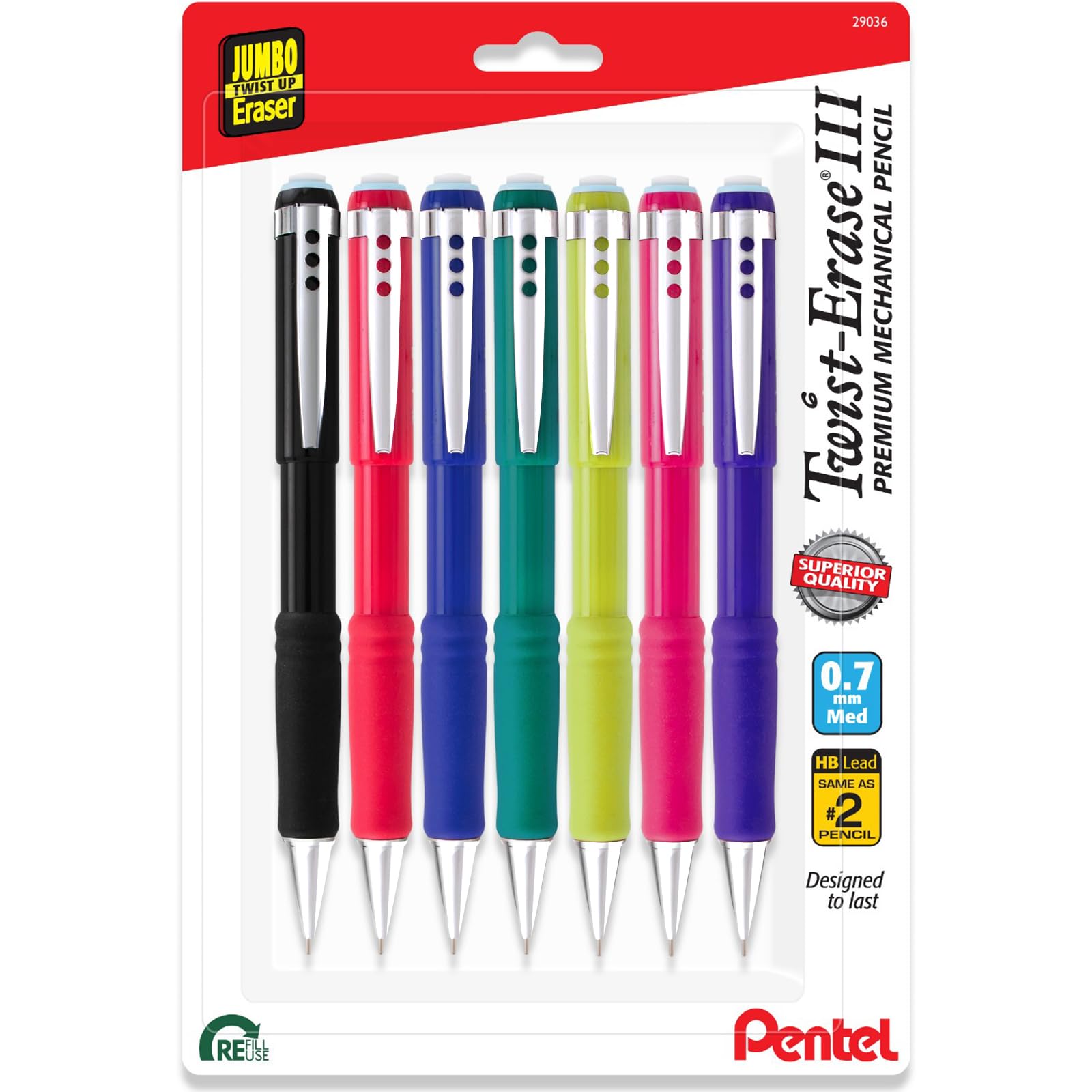 Pentel Twist Erase Iii Mechanical Pencils 0.7Mm - Pre-Loaded Super Hi Polymer Hb Lead - 7 Pack - Assorted Color Barrels