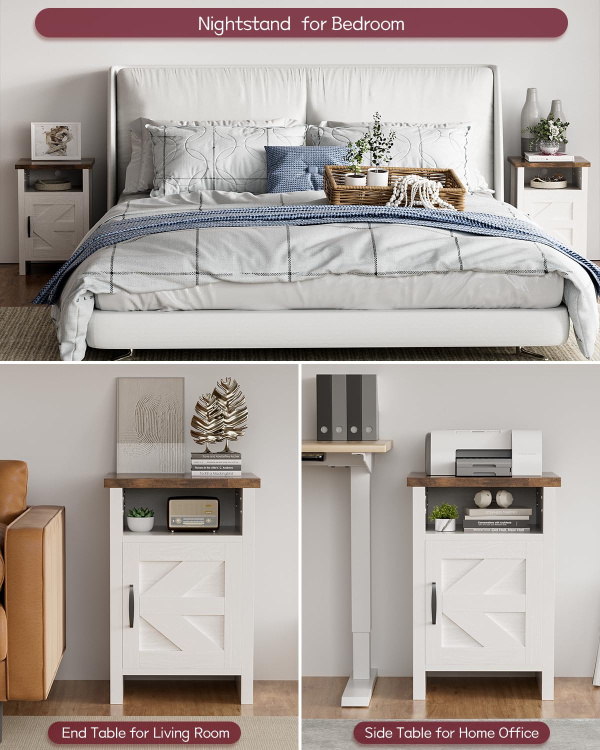 Yeshomy Farmhouse Modern Nightstand With Shelf And Barn Door, Set Of 2 For Bedroom, White