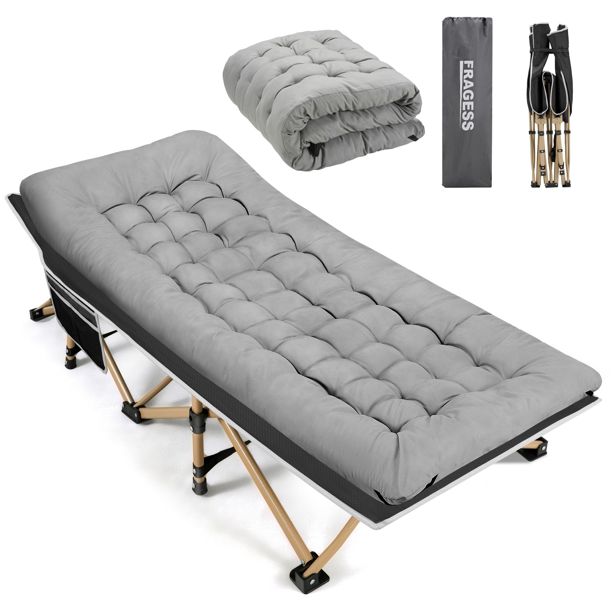 Fragess Portable Camping Cot, 600LBS Max Load, Extra Wide with Thick Mattress, Folding Cot for Outdoor Camping/Office, Home Nap 