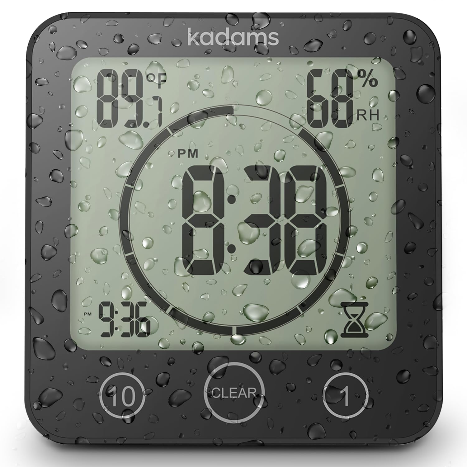 KADAMS Digital Bathroom Shower Kitchen Wall Clock Timer with Alarm, Waterproof for Water Spray, Touch Screen Timer, Temperature 