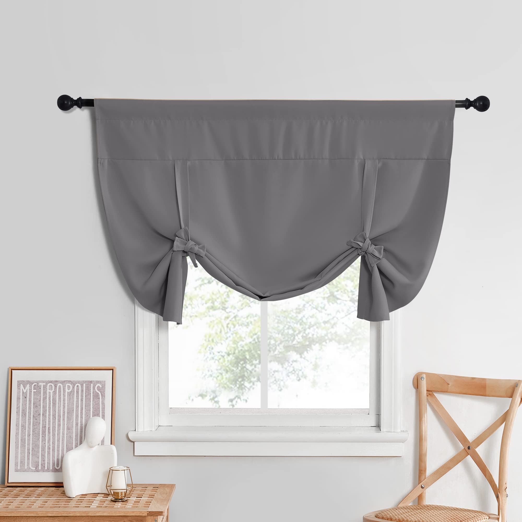 NICETOWN Tie Up Curtain - Small Kitchen Curtains and Valances Set Blackout Adjustable Silver Rod Pocket Roman Shades for Window 