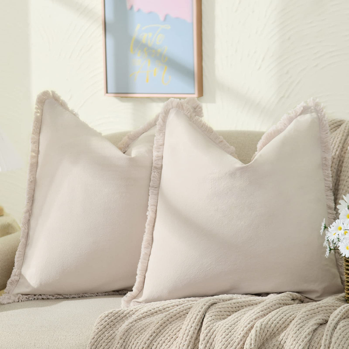 Zwjd Pillow Covers 16X16 Set Of 2 Beige Throw Pillow Covers With Fringe Chic Cotton Decorative Pillows Square Cushion Covers For