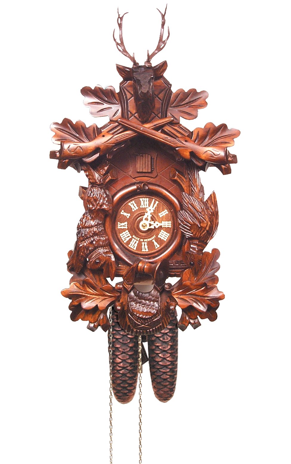 Alexander Taron Importer 738-8 Engstler Cuckoo Clock, Carved With 8-Day Weight Driven Movement-Full Size-18.5&quot; H X 12&quot; W X 9&quot; D, Brown