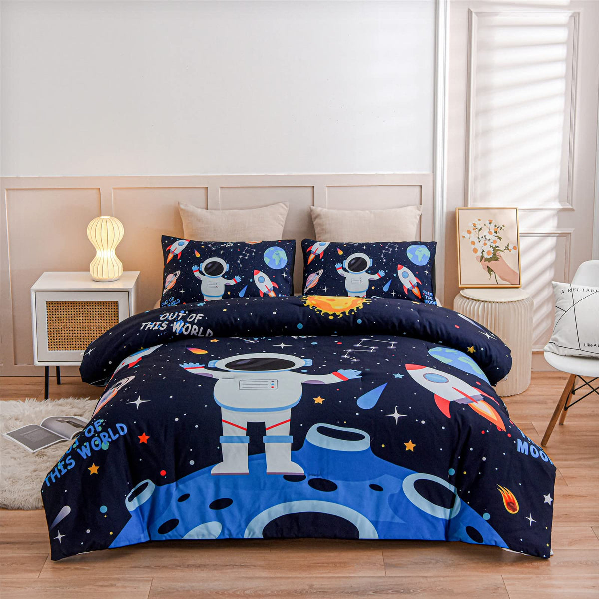 Meeting Story 3Pieces Universe Space Themed Comforter Set Planet Astronaut Rocket Galaxy Printed Pattern Quilt Bedding Set For K