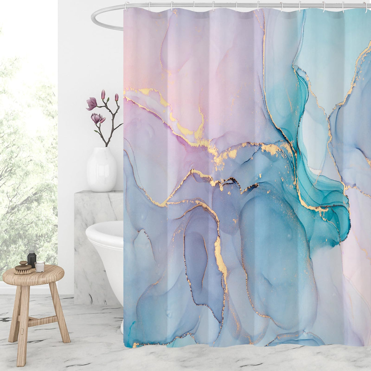 Gibelle Extra Long Shower Curtain 72 x 84, Tall Abstract Marble Shower Curtain, Pink Turquoise Modern Ink Art Waterproof Fabric 