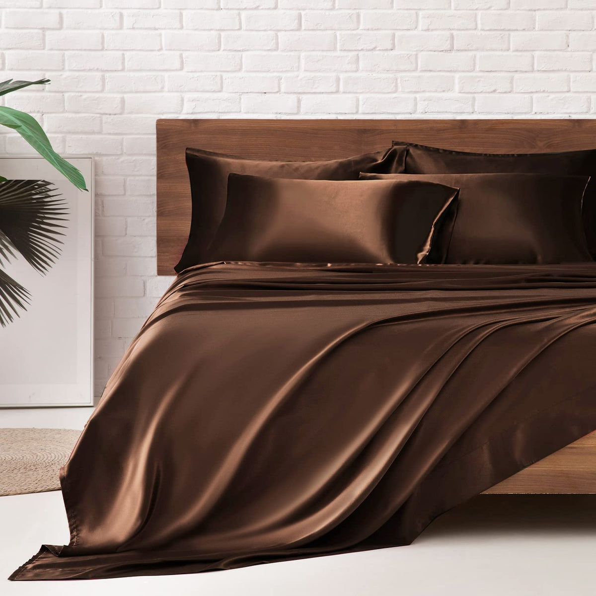 Mr&Hm Satin Bed Sheets, Queen Size Sheets Set, 6 Pcs Silky Bedding Set With 15 Inches Deep Pocket For Mattress(Queen, Brown)