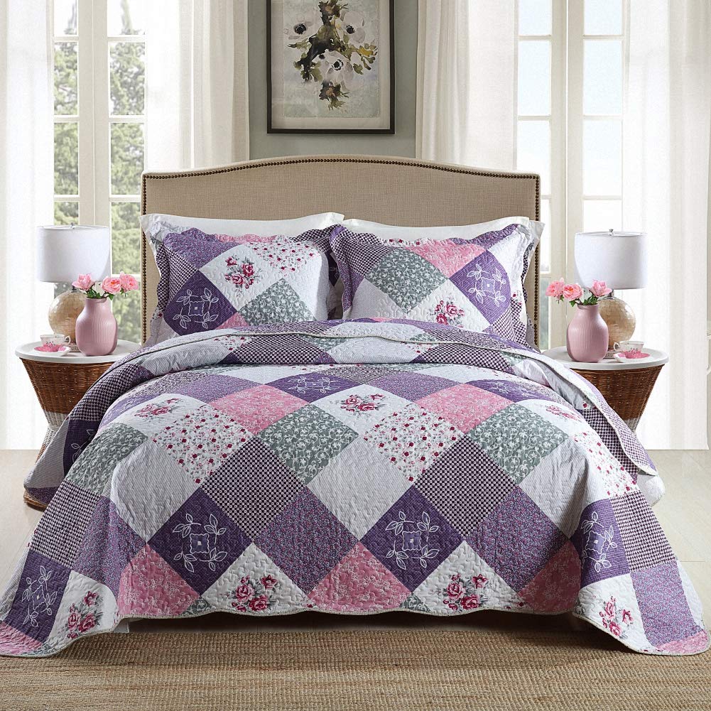 Homcosan Quilt Bedspreads Sets King Size (98X106 Inches), Reversible Purple Floral Patchwork Patterns, Lightweight Coverlet For