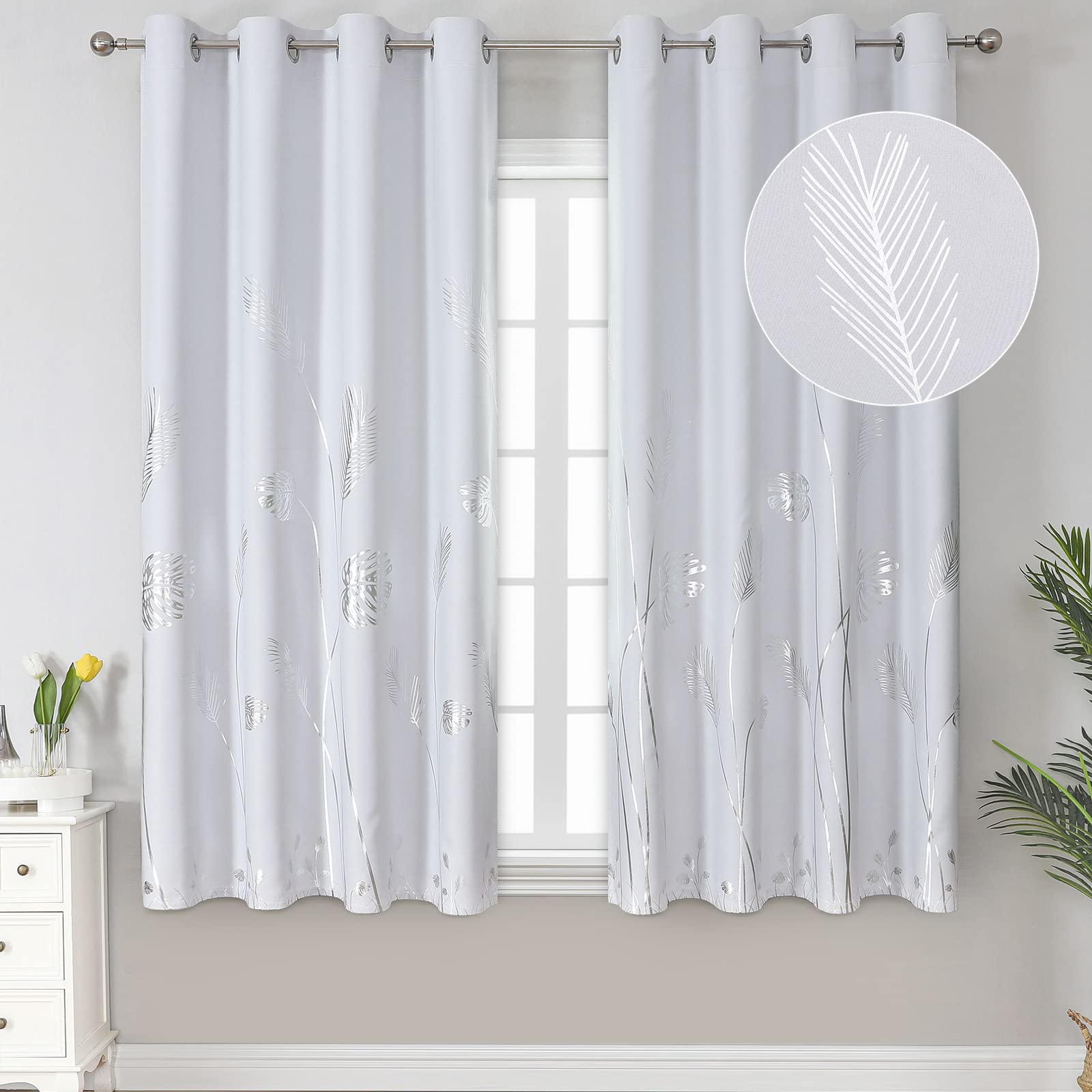 Estelar Textiler Greyish White Curtains For Bedroom 63 Inches Length Thermal Insulated Window Curtain Shades With Silver Palm Tr
