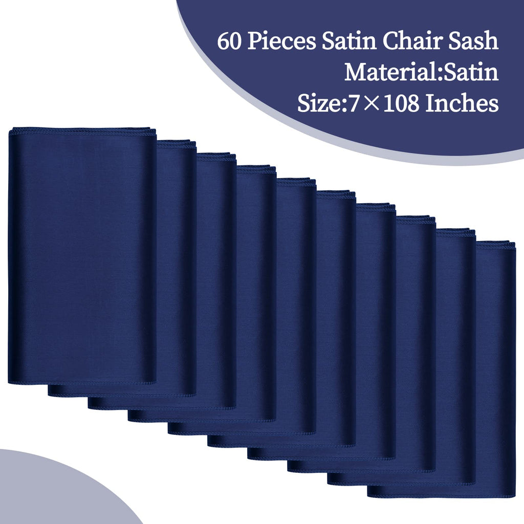 Fani 60 Pcs Navy Blue Satin Chair Sashes Bows Universal Chair Cover For Wedding Reception Restaurant Event Decoration Banquet,Party,Hotel Event Decorations (7 X 108 Inch)