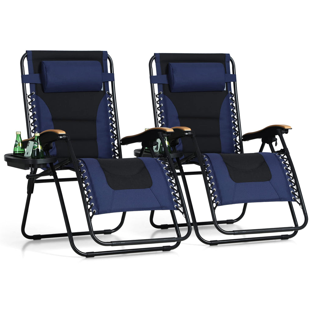 Phi Villa Xxl Oversized Padded Zero Gravity Chair, Foldable Patio Recliner, 30' Wide Seat Anti Gravity Lounger With Cup Holder, Set Of 2, Support 400 Lbs (Navy Blue)