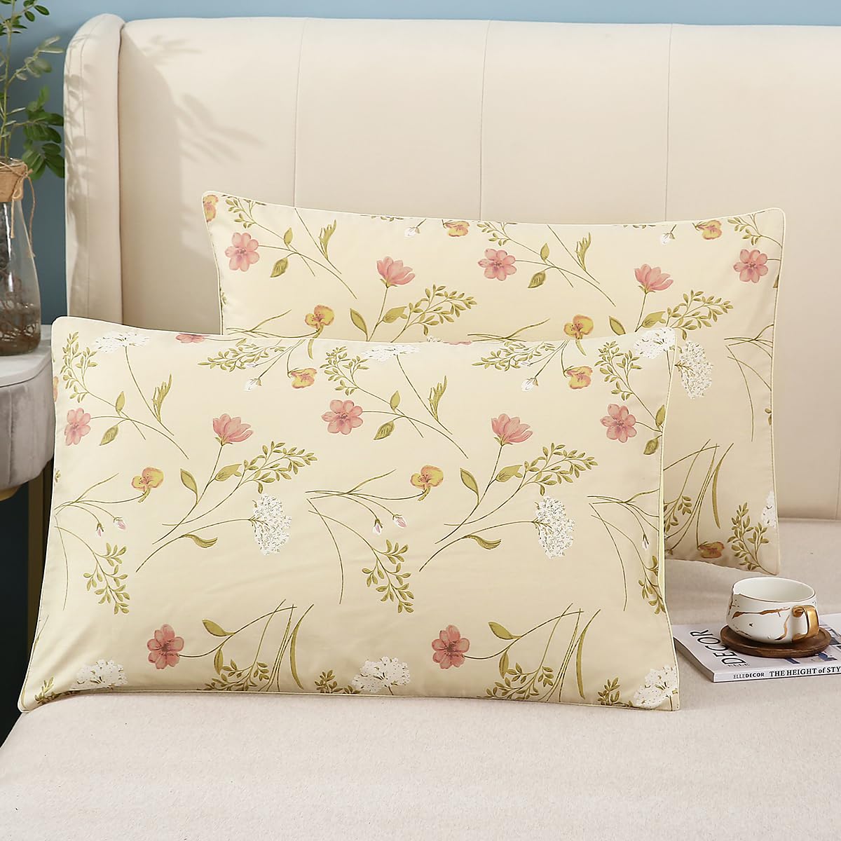 Winlife 100% Cotton Pillowcases 1000 Thread Count Floral Printed Pillow Cases Set Of 2 Pillow Cover (Queen 20X30', Floral Beige