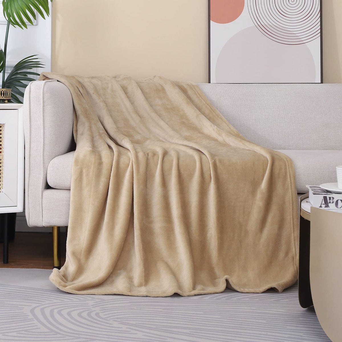Jiahannha Flannel Fleece Blanket Throw Size(60 By 80 Inches),Beige Throw Blanket For Couch Sofa Bed 280Gsm,Super Soft Plush Cozy