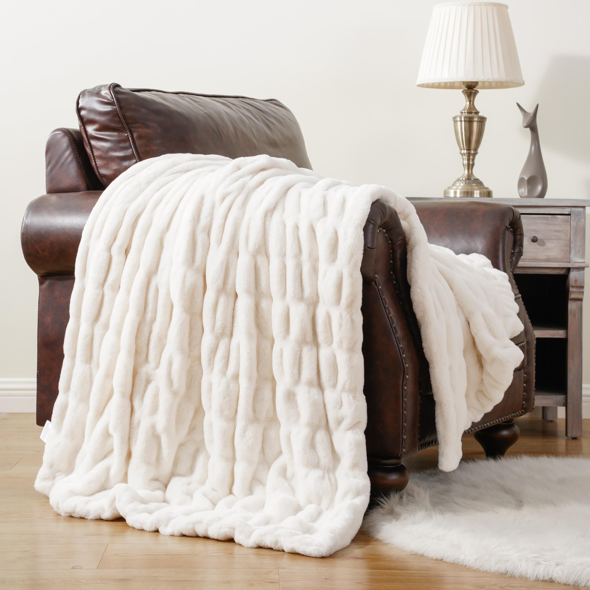 Battilo Home Cream Faux Fur Throw Blanket, Double Side Ruched Rabbit Fur Blanket For Couch, Bed, Super Soft Cozy Fuzzy Mink Blan