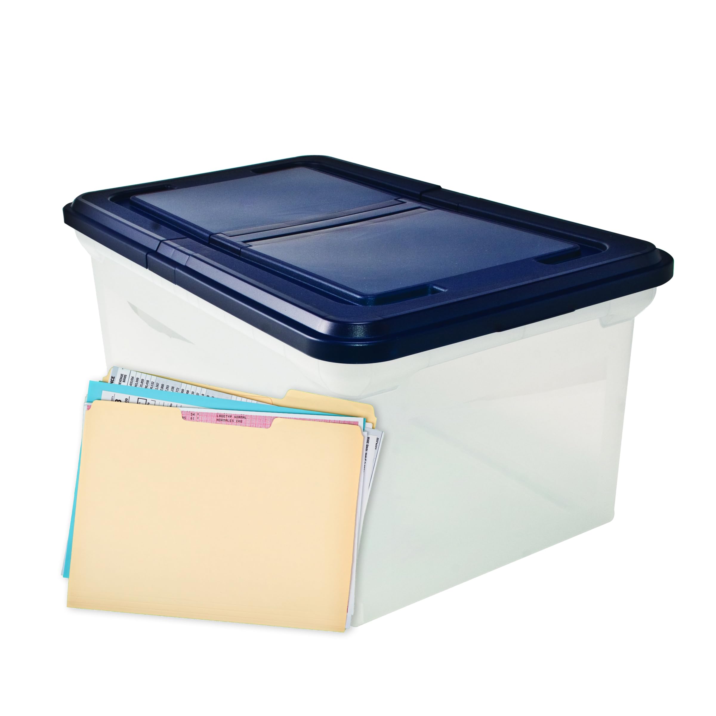 Advantus File Storage Document Organizer Box, Plastic File Tote With Hinged Lid For Hanging Files, Clear / Navy Color, Perfect F