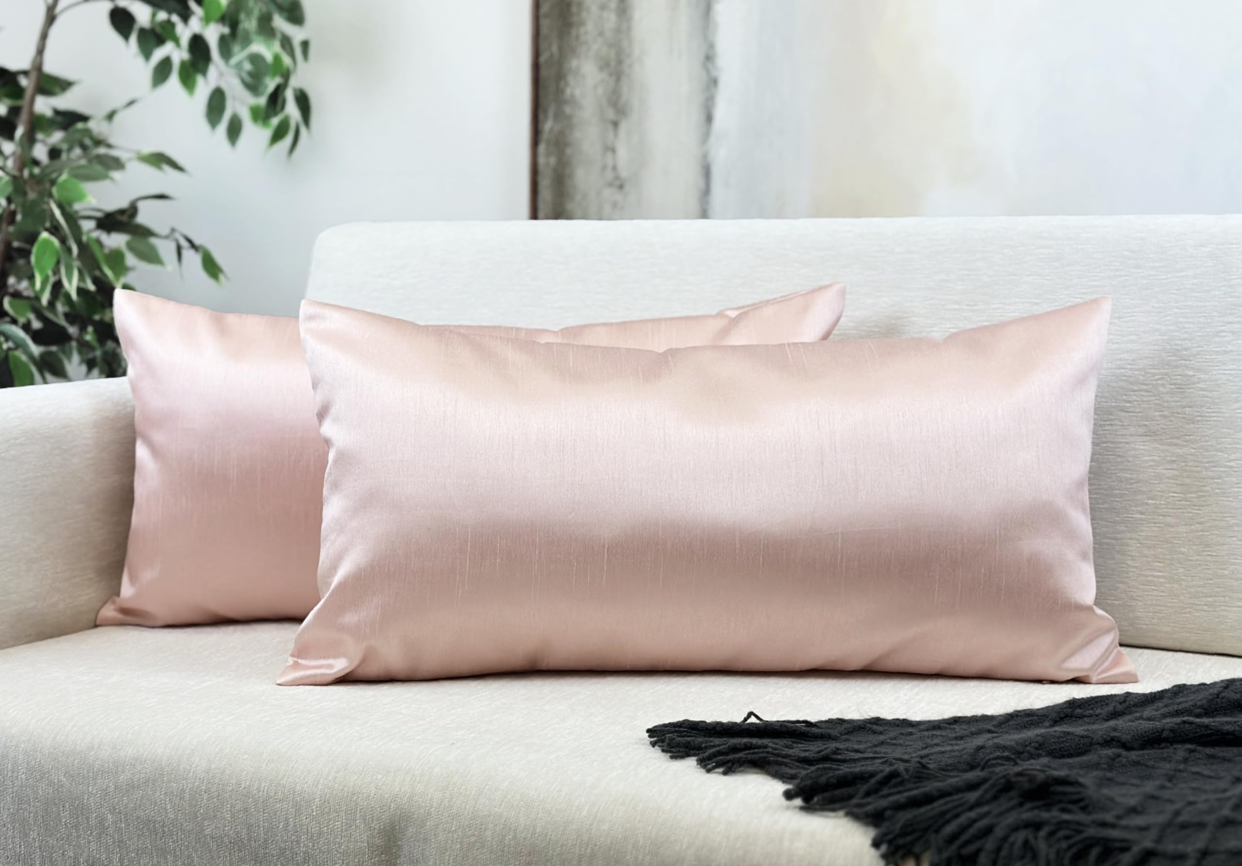 Aiking Home 12X24 Inches Faux Silk Rectangular Throw Pillow Cover, Zipper Closure, Rose Pink (Set Of 2)