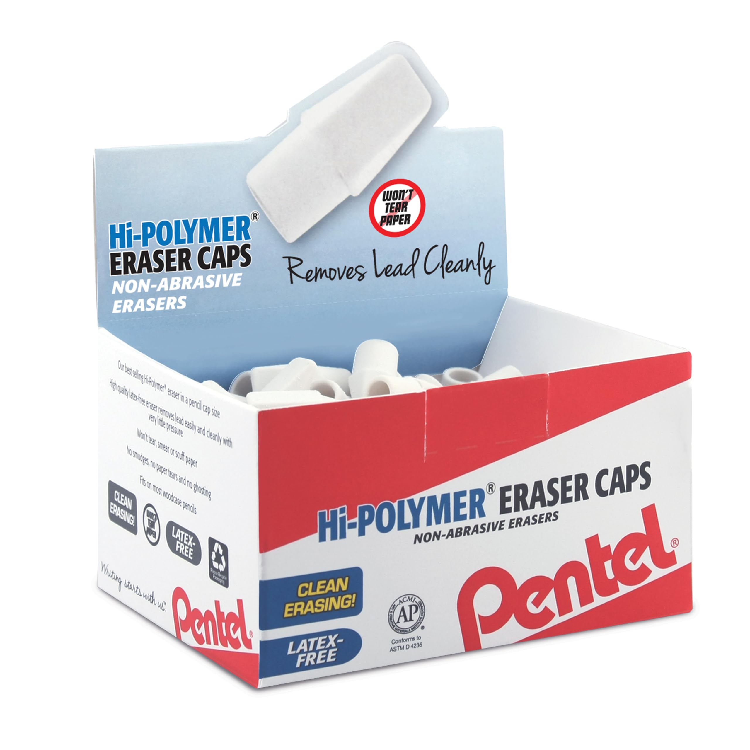 Pentel Hi-Polymer Eraser Caps, White, Box Of 144 Caps (Zeh-02)