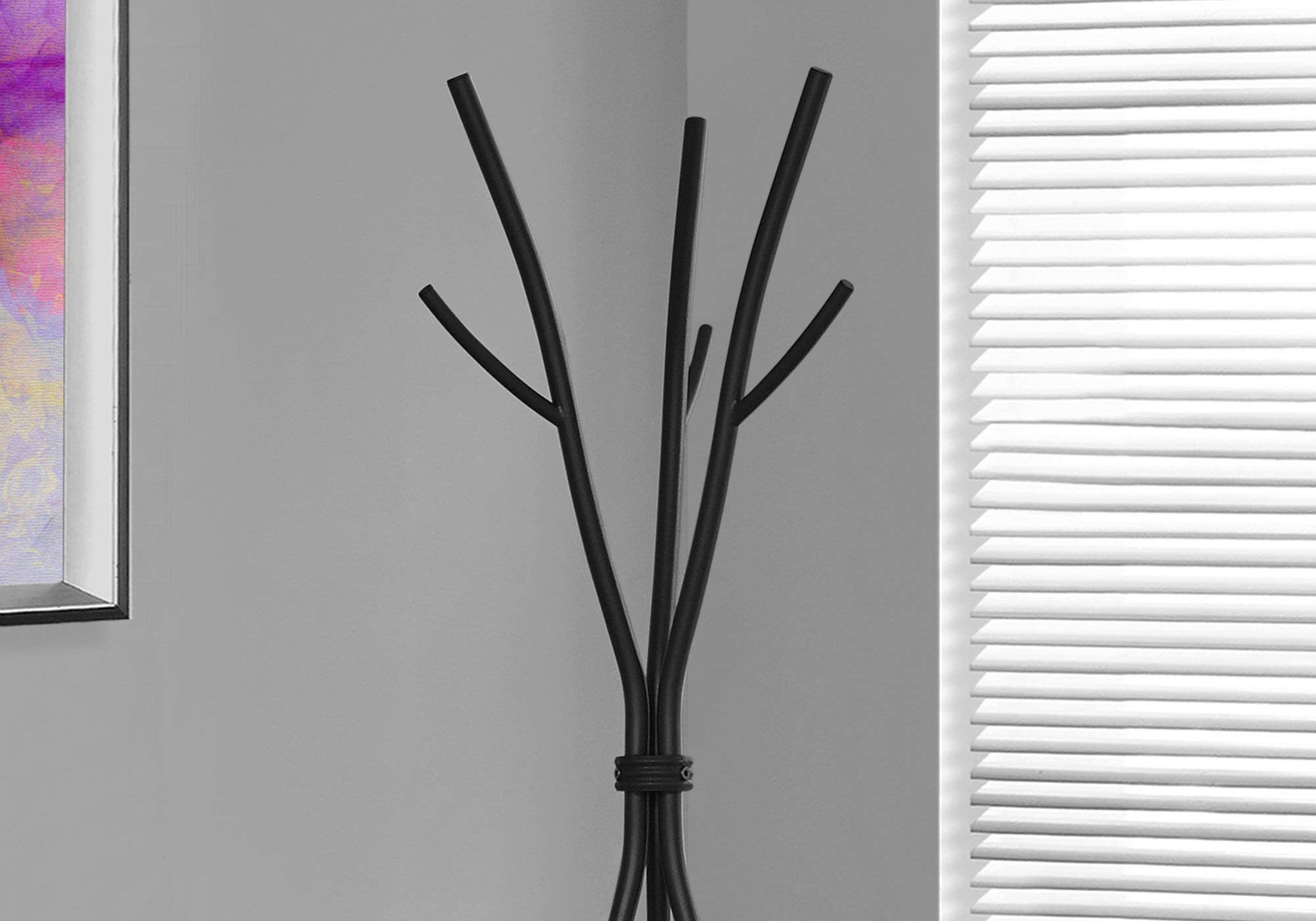 Monarch Specialties Coat Rack - Coat Tree With 8 Hooks, Hammered Metal 74" H (Black)