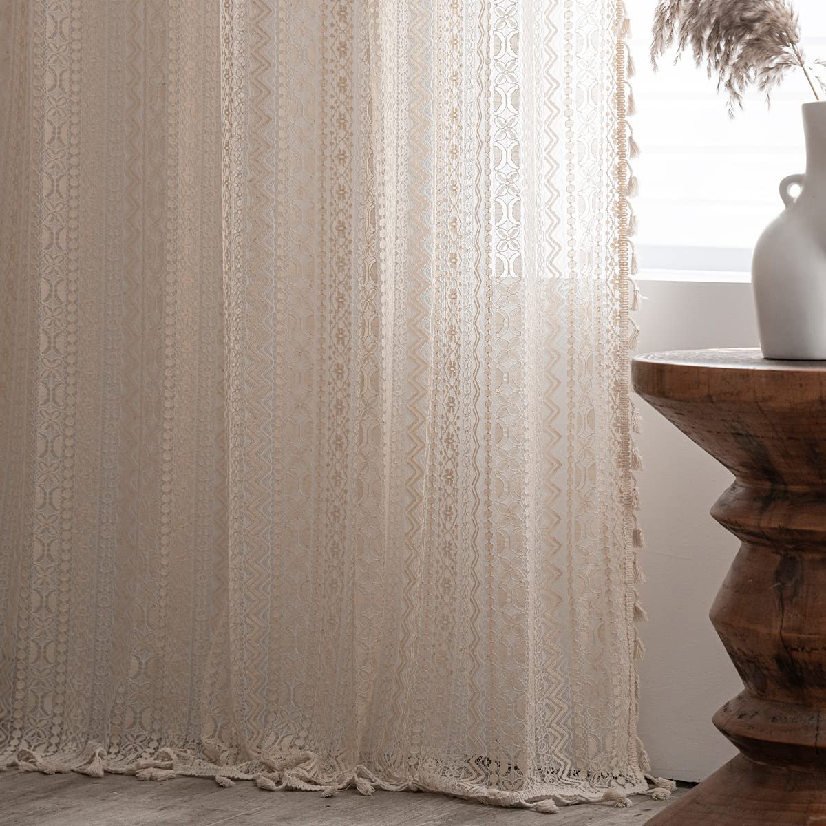 Jooja 2 Panels Beige Boho Curttains Sheer Curtains Crochet Vintage Cotton Tassel Window Curtains Panels For Bedroom Living Room