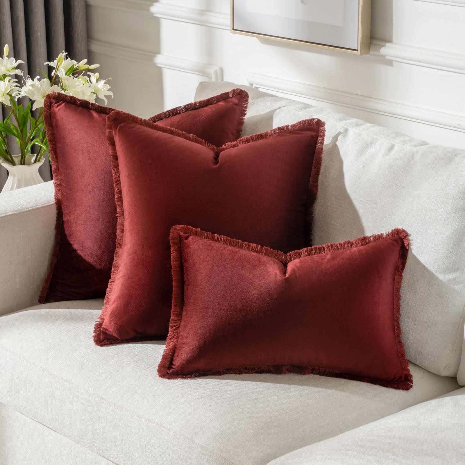 Futei Burgundy Boho Throw Pillow Covers With Tassels 16X16 Inch Set Of 2,Soft Velvet Decorative Cushion Case,Home Decor For Couc