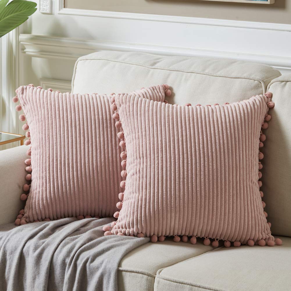 Fancy Homi Pack Of 2 Decorative Throw Pillow Covers 20X20 With Pom-Poms, Soft Corduroy Solid Square Cushion Pillow Cases Set For