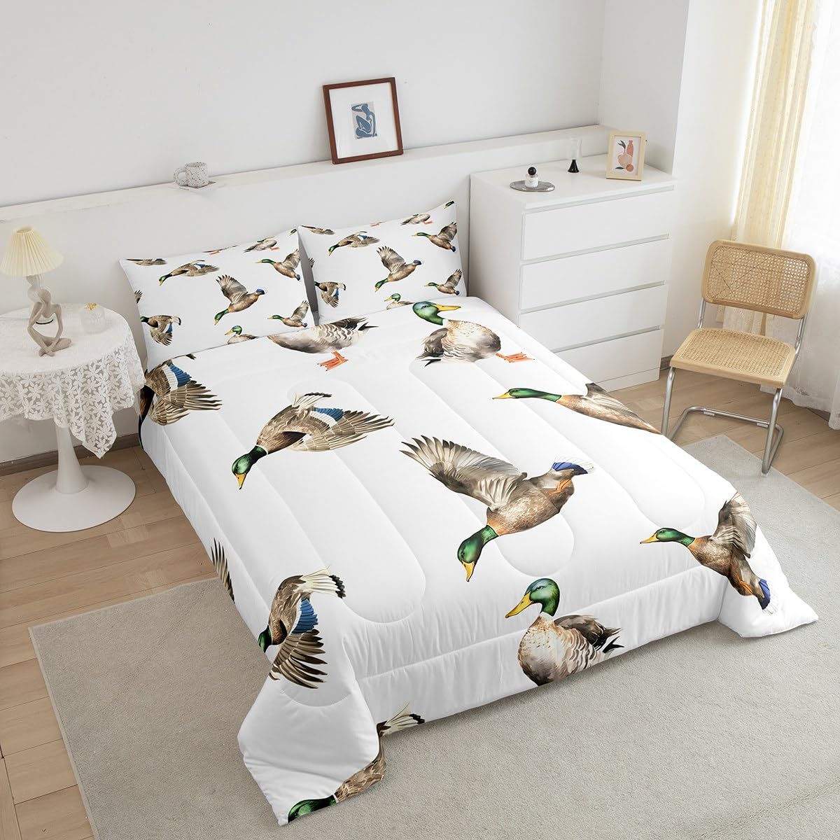 Feelyou Mallard Duck Bedding Set Hunting And Fishing Comforter Set Wild Animal Comforter For Boys Girls Kids Wildlife White Duve