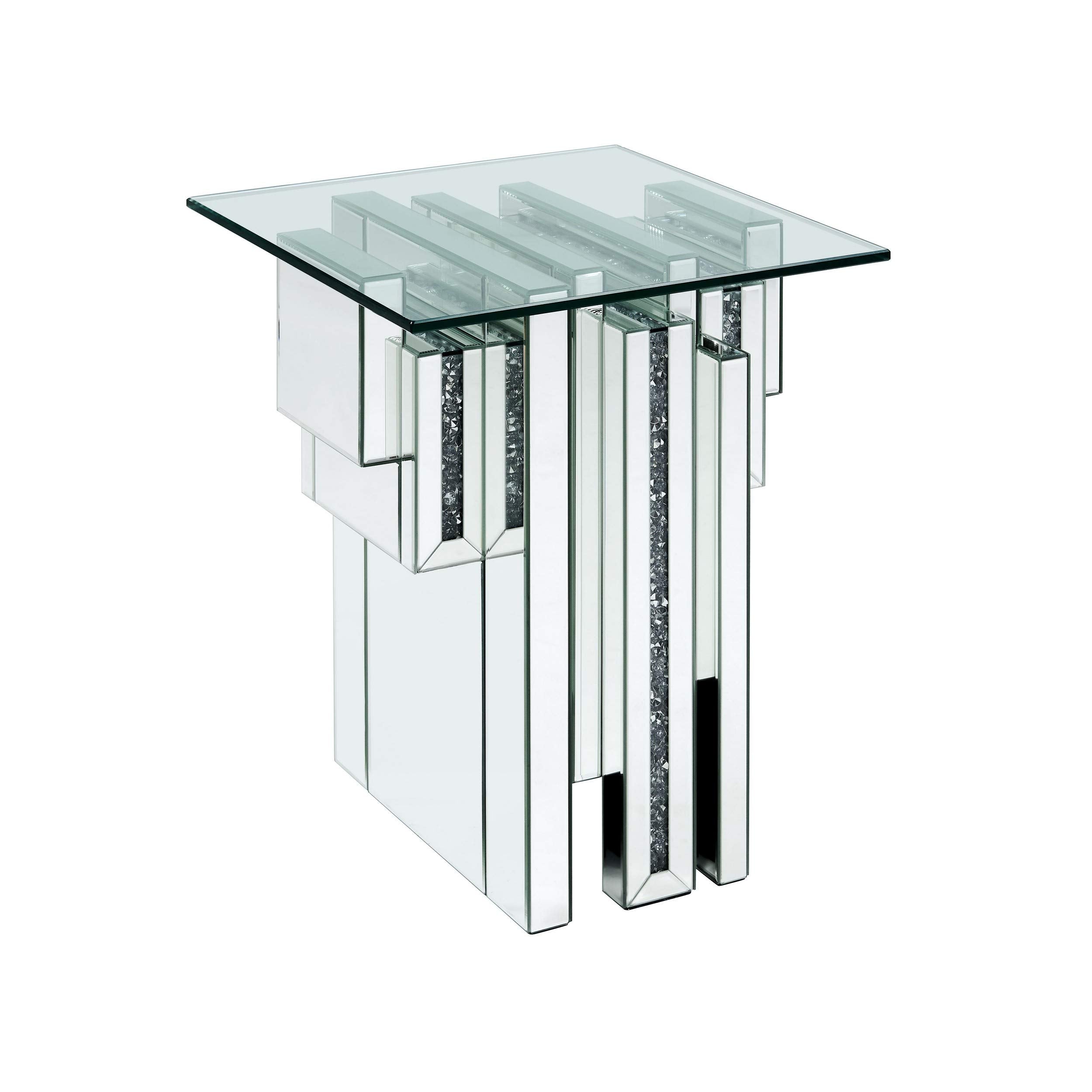 Benjara Glass Top End Table With Mirror Panels And Faux Gemstone Accents, Silver