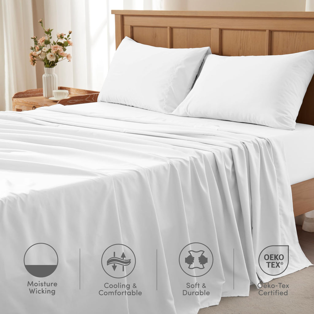 Comfort Spaces Coolmax Moisture Wicking Sheet Set Soft, Fade Resistant, All Elastic Deep Pocket Fits Up To 16' Mattress - Warm Weather Cooling Sheets For Night Sweats, Full, White, 4 Piece