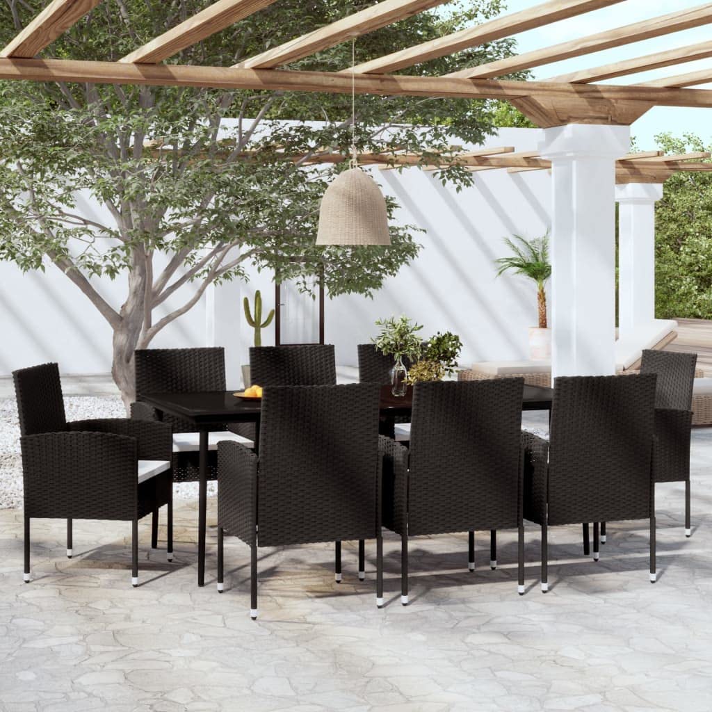 vidaXL Black Outdoor Patio Dining Set - Rectangular Glass Table & 8 PE Rattan Chairs with Cushions for Garden, Deck, Patio Seating