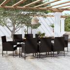 vidaXL Black Outdoor Patio Dining Set - Rectangular Glass Table & 8 PE Rattan Chairs with Cushions for Garden, Deck, Patio Seating