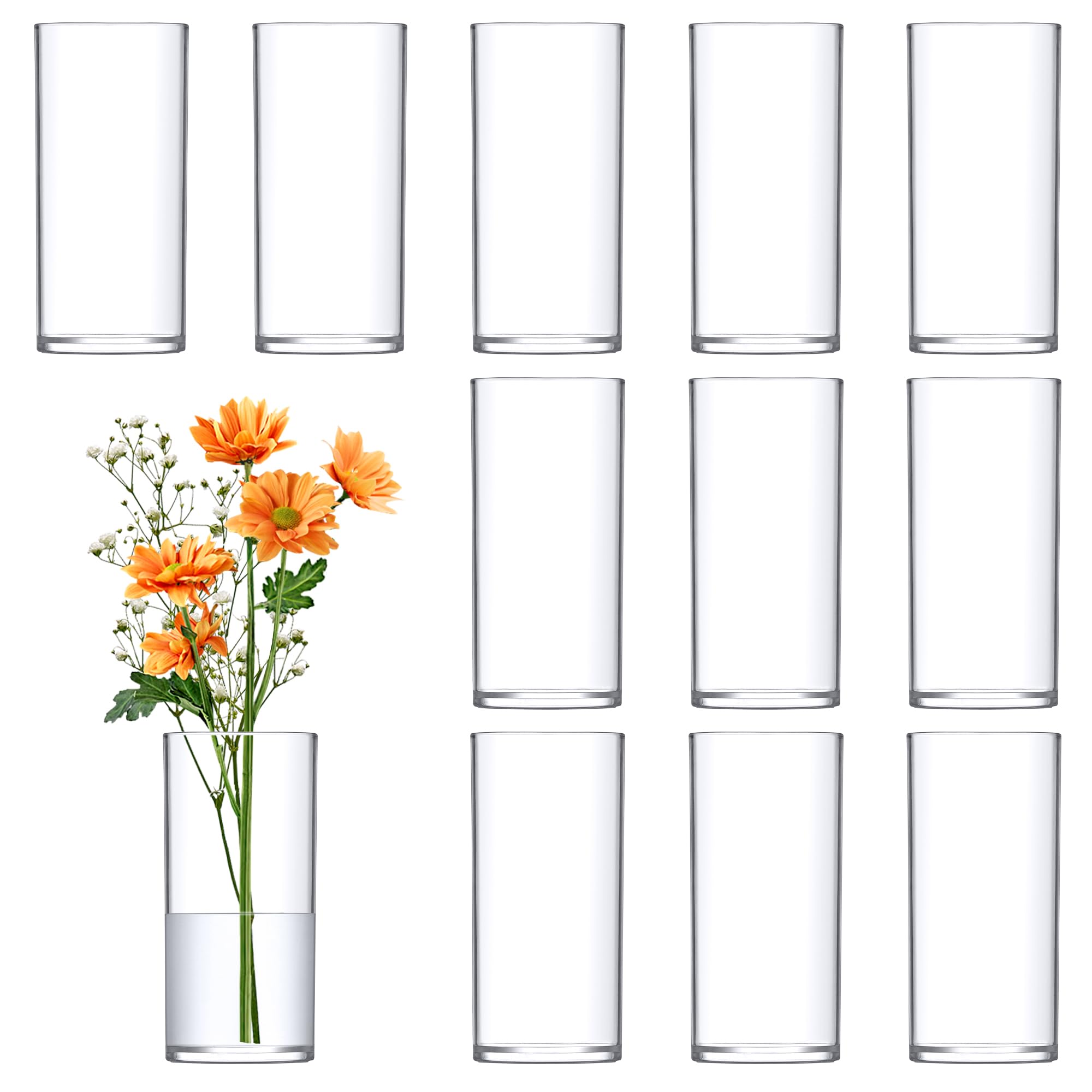Amazing Abby - Viola Piccolo - Plastic Cylinder Vases (12-Piece Set), Acrylic Flower Vases For Wedding Centerpieces, Home Decorations, Office Ornaments, Shatter-Proof, 6' (H) (Not Glass)