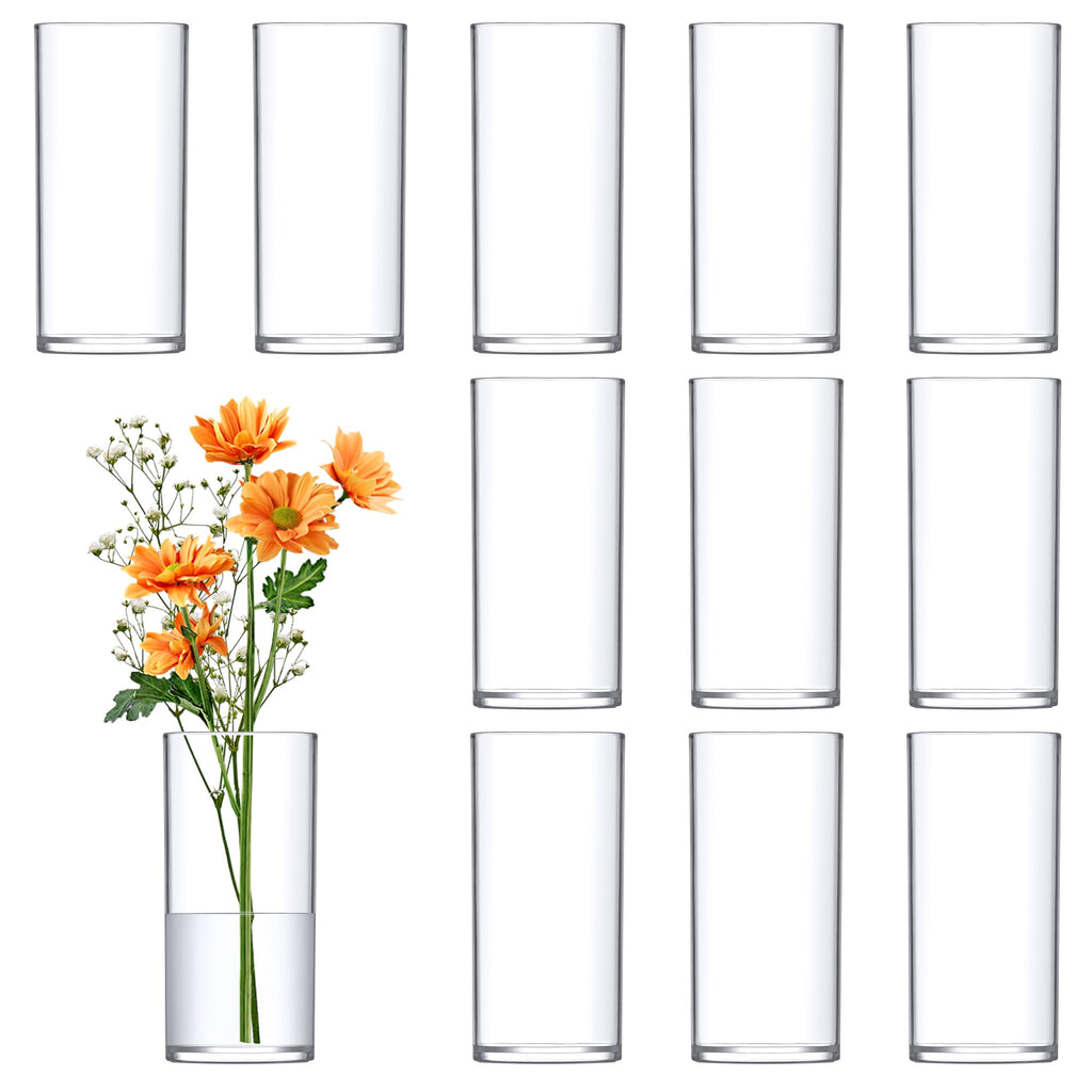Amazing Abby - Viola Piccolo - Plastic Cylinder Vases (12-Piece Set), Acrylic Flower Vases For Wedding Centerpieces, Home Decorations, Office Ornaments, Shatter-Proof, 6' (H) (Not Glass)