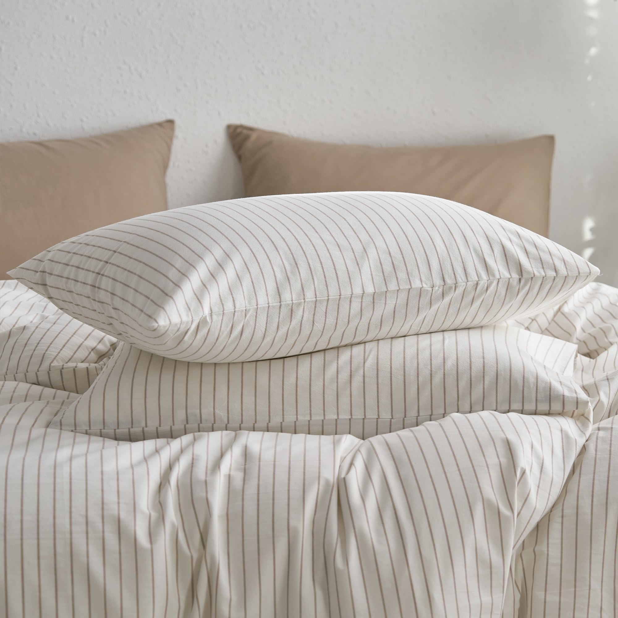 MooMee Bedding Pillowcases Striped Pack of 2 100% Washed Cotton Linen Like Textured Breathable Durable Soft Comfy (White Tannish