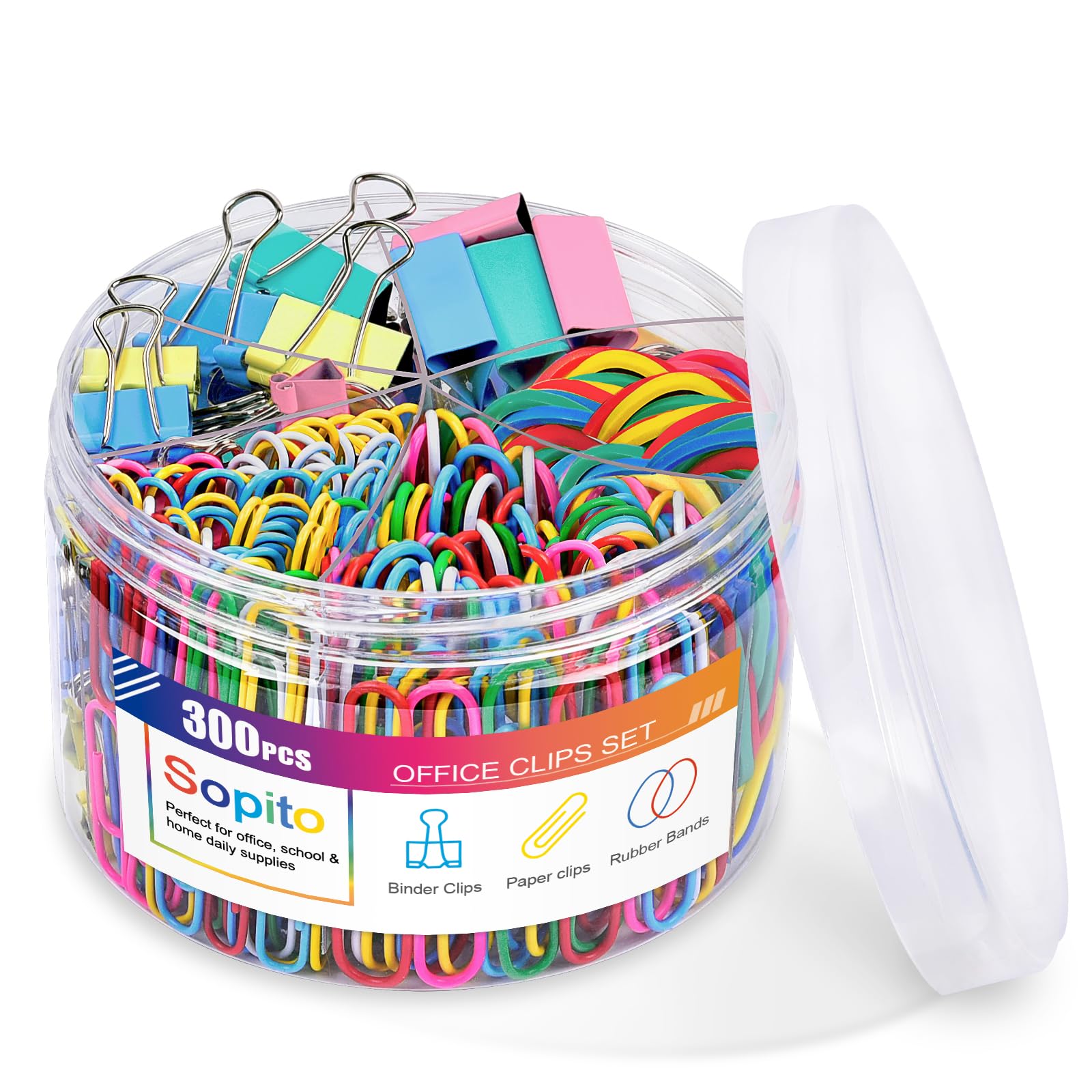 Binder Clips Paper Clips, Sopito 300Pcs Colored Office Clips Set With Paper Clamps Paperclips Rubber Bands For Office And School