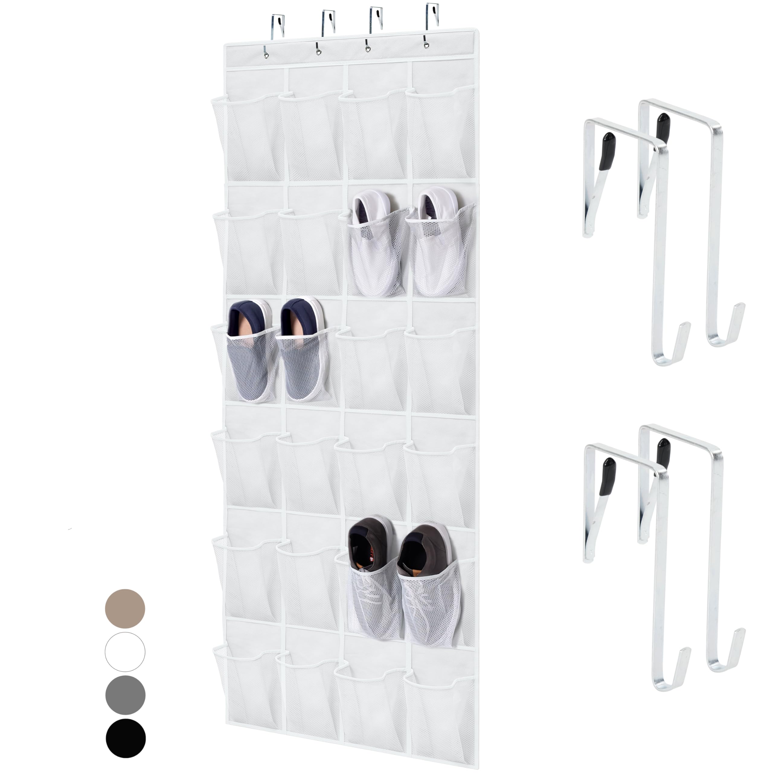 Home Genie Over The Door Hanging Shoe Organizer, 24 Breathable Mesh Pockets, Closet Rack Storage Holder, Stay In Place Hooks Hang On Closets, Hanger Holds Up To 40 Lbs For Shoes, Accessories, White