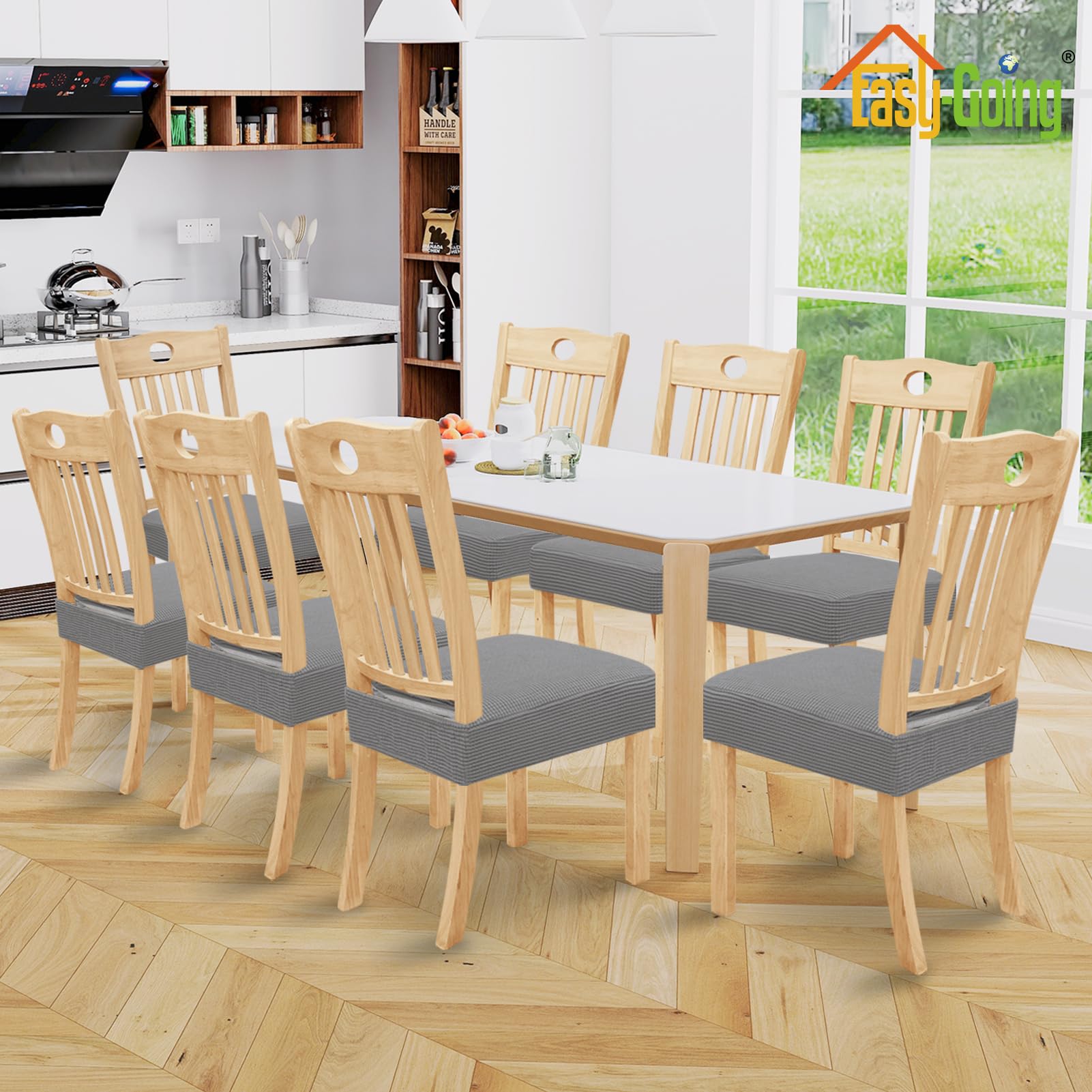 Easy-Going 100% Waterproof Seat Covers For Dining Room Chairs, Stretch Jacquard Chair Seat Slipcovers Removable And Washable Kitchen Dining Chair Covers (Set Of 8, Light Gray)