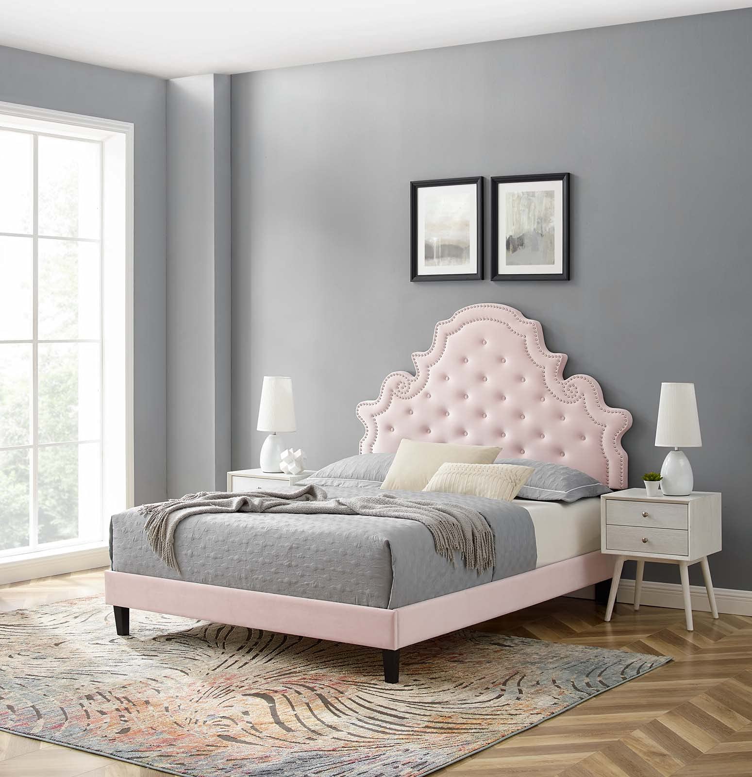 Modway Gwyneth Tufted Performance Velvet Twin Platform Bed In Pink With Black Wood Legs