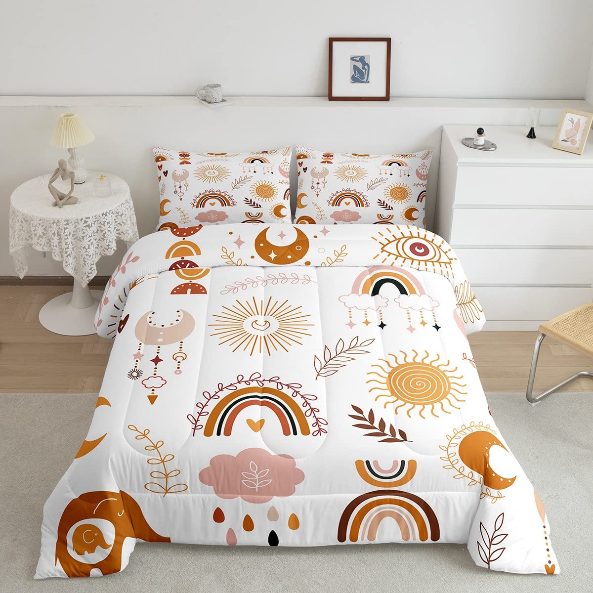Boho Rainbow Bedding Set For Girls Twin,Cute Bohemian Eyes Moon Sun Comforter Set Kawaii Cloud Dream Catcher Bedding Comforter S