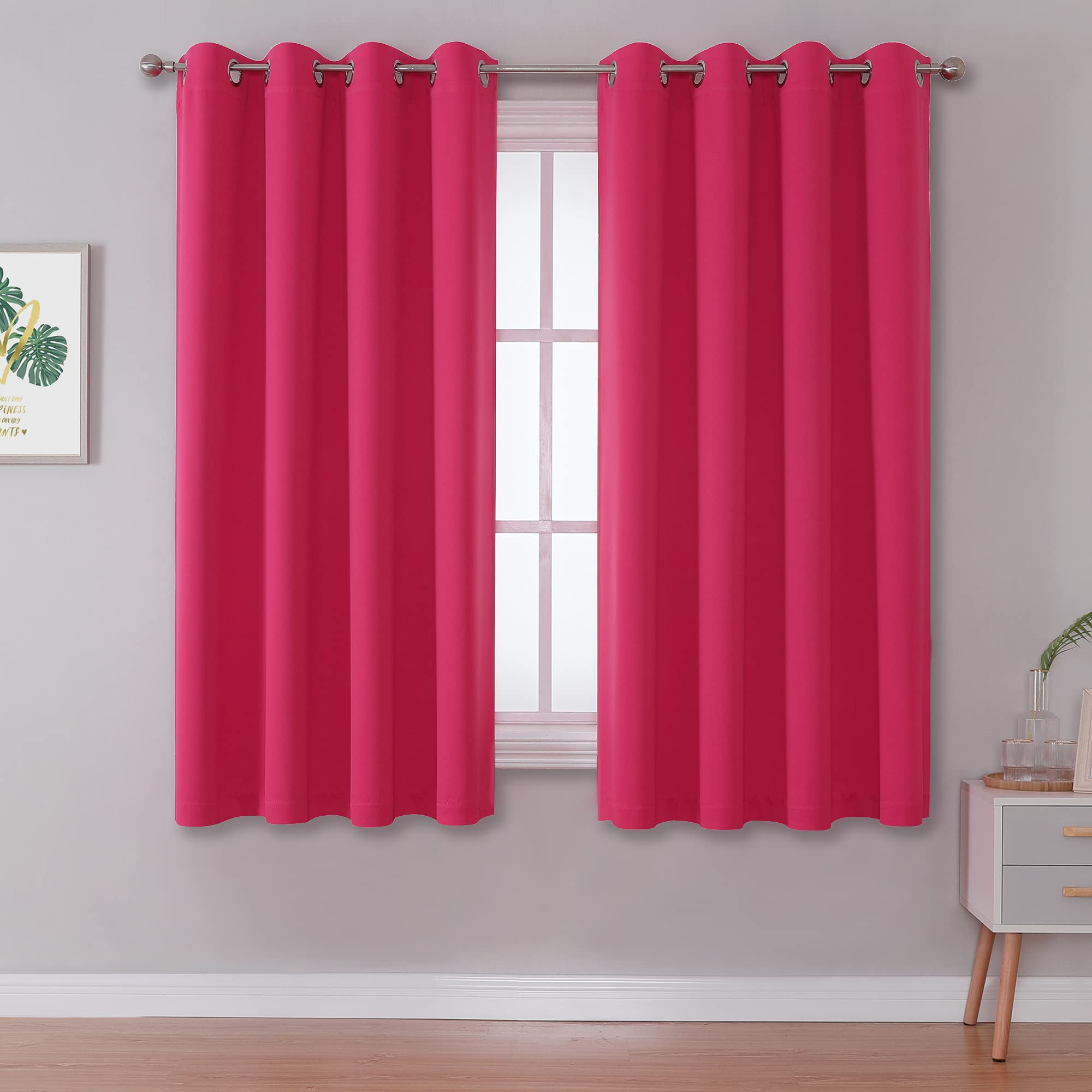 Dualife Pink Curtains 54 Inch Length For Kids Room Thermal Insulated Hot Pink Blackout Curtains For Baby Nursery Small Short Win