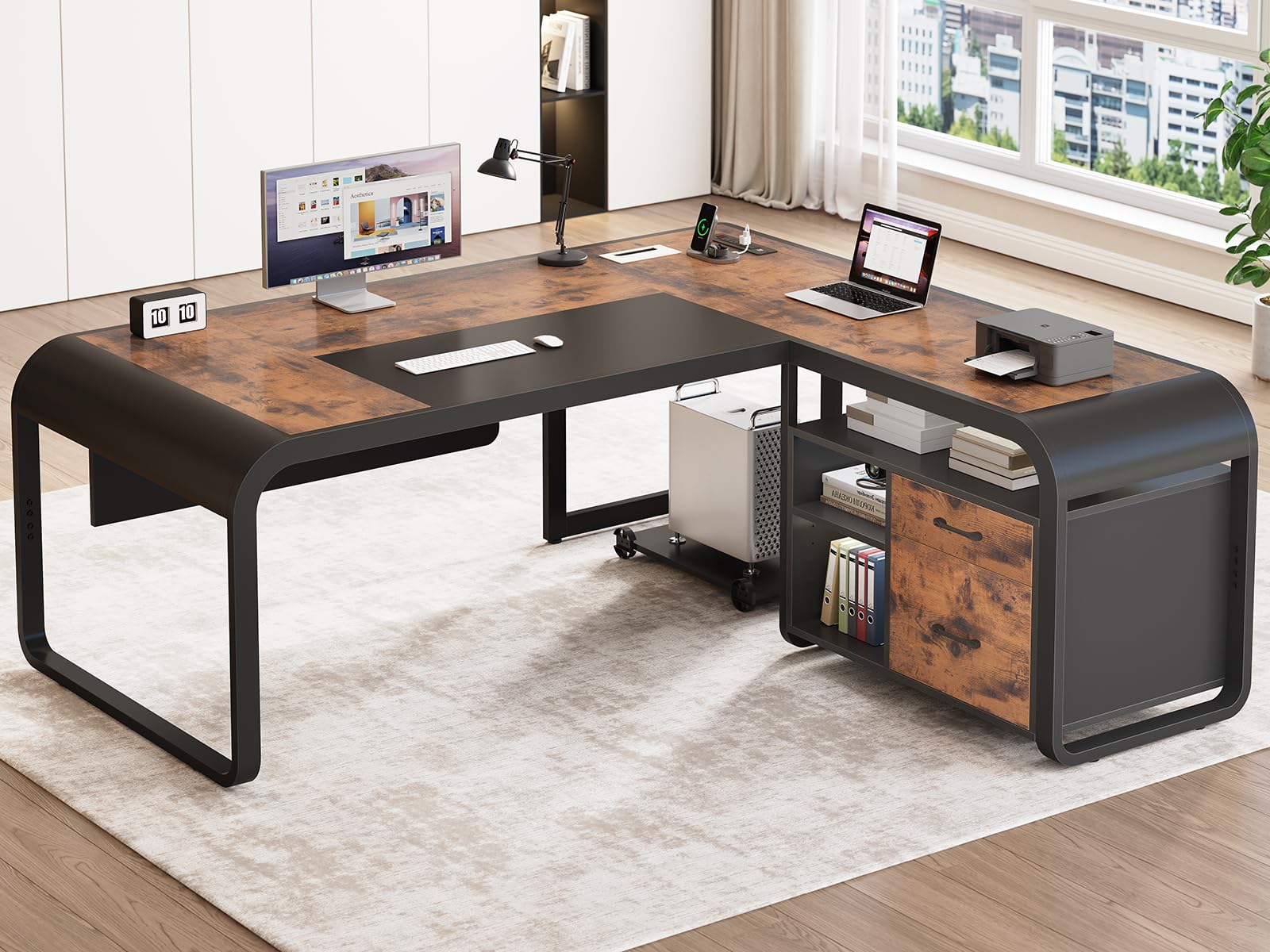 SEDETA 63 Inch L Shaped Desk with Drawers, Executive Desk, Large Office Desk with Storage Shelves, Computer Desk with Power Outl
